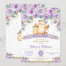 Schattigee Paarse Floral Uil Baby shower Baby Meis Kaart