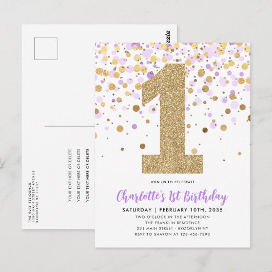 Schattigee Paarse Gouden Glitter Confetti 1e Verja Briefkaart (Voorkant / Achterkant)