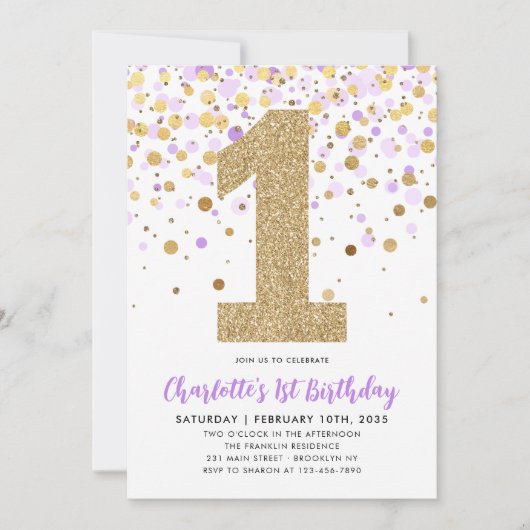 Schattigee Paarse Gouden Glitter Confetti 1e Verja Kaart (Voorkant)