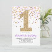 Schattigee Paarse Gouden Glitter Confetti 1e Verja Kaart (Staand voorkant)