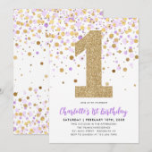 Schattigee Paarse Gouden Glitter Confetti 1e Verja Kaart (Voorkant / Achterkant)