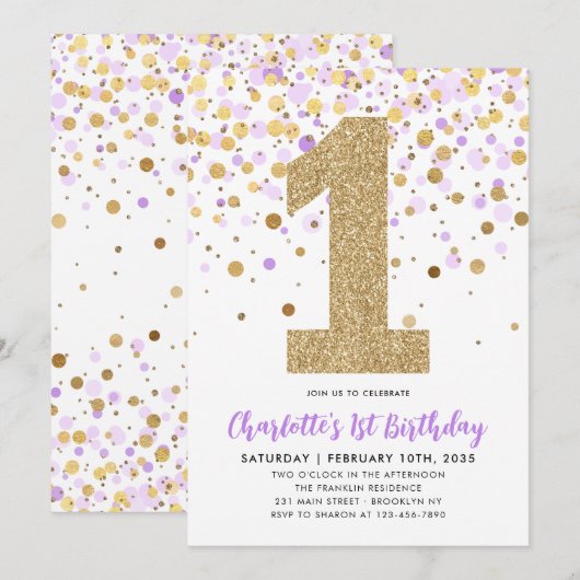 Schattigee Paarse Gouden Glitter Confetti 1e Verja Kaart (Voorkant / Achterkant)