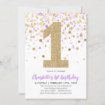 Schattigee Paarse Gouden Glitter Confetti 1e Verja Kaart<br><div class="desc">Een schattige en leuke Paarse Violet Gold Glitter Sparkle Confetti Verjaardagsfeestuitnodiging</div>