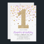 Schattigee Paarse Gouden Glitter Confetti 1e Verja Kaart<br><div class="desc">Een schattige en leuke Paarse Violet Gold Glitter Sparkle Confetti Verjaardagsfeestuitnodiging</div>
