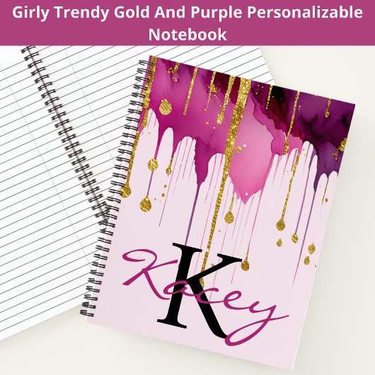 Schattigee Paarse Gouden Glitter Girly Monogram Na Notitieboek