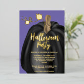 Schattigee Paarse Gouden Pompoen Halloween Party F Folie Uitnodiging (Staand Voorkant)