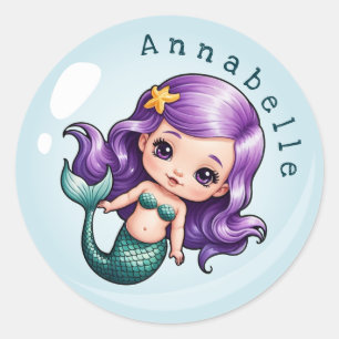 Schattigee Paarse haar zeemeermin in een bubbel pe Ronde Sticker