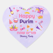 Schattigee Paarse Hebreeuwse Happy Purim Hart Sticker (Voorkant)