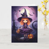 Schattigee Paarse heksenillustratie Halloween Kaart (Gele Bloem)