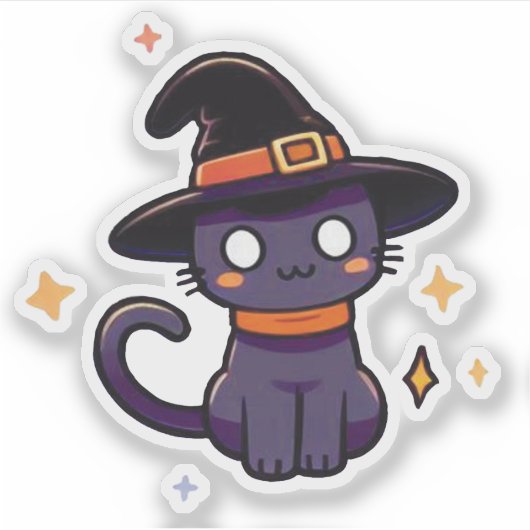 Schattigee Paarse Heksenkat - Kawaii Halloween Kit Sticker (Voorkant)