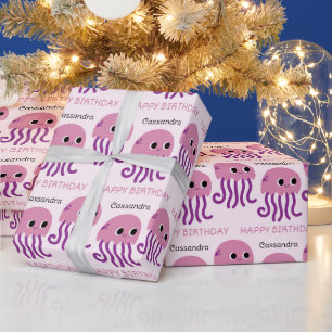 Schattigee Paarse Jelly Fish Naam Kinderen Verjaar Cadeaupapier