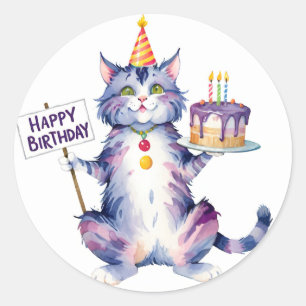 Schattigee Paarse kattenverjaardagstaart - Verjaar Ronde Sticker