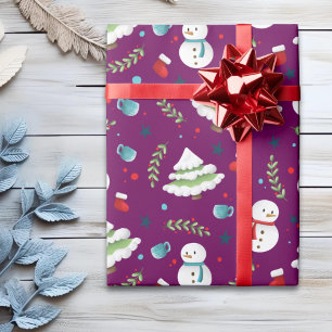 Schattigee Paarse Kerst Sneeuwman Patroon Cadeaupapier