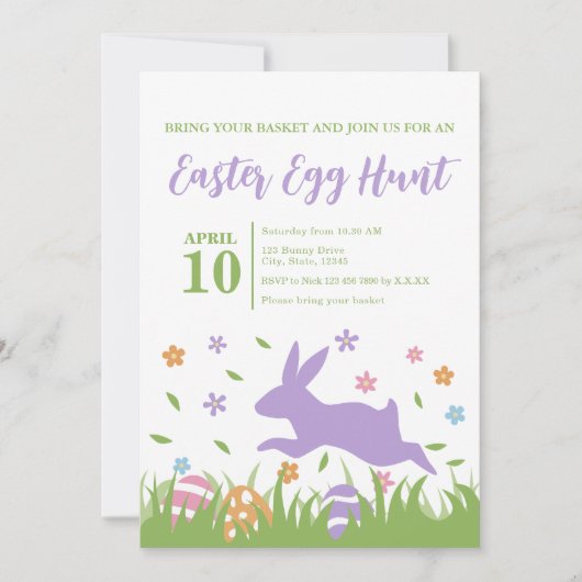Schattigee Paarse Konijn Groene Bloemen Paaseierja Kaart (Voorkant)