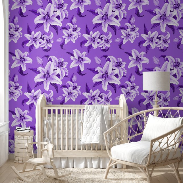 Schattigee Paarse Lily Flower Pattern Behang (Kinderen)