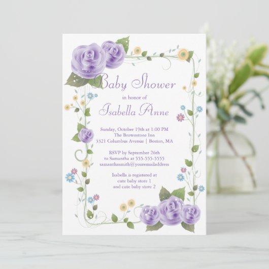 Schattigee Paarse lint Rozen Baby Meisje Baby show Kaart (Staand voorkant)