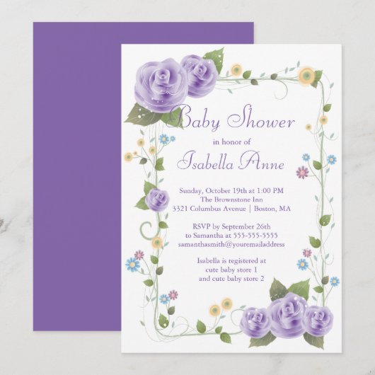 Schattigee Paarse lint Rozen Baby Meisje Baby show Kaart (Voorkant / Achterkant)