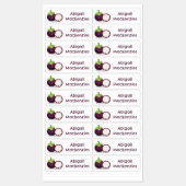 Schattigee paarse mangosteen cartoon gepersonalise labels (Vel)