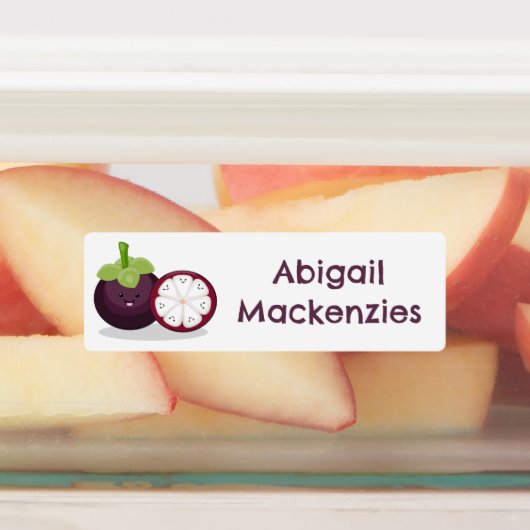 Schattigee paarse mangosteen cartoon gepersonalise labels (Aangebracht)