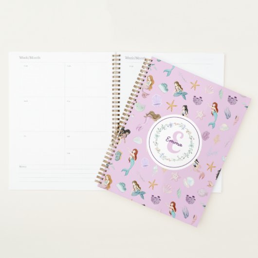 Schattigee Paarse Mermaids Monogram Meisjes Planner (Display)