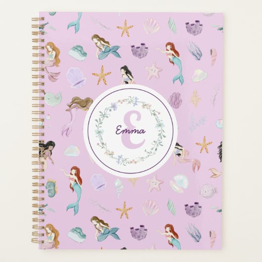 Schattigee Paarse Mermaids Monogram Meisjes Planner (Voorkant)
