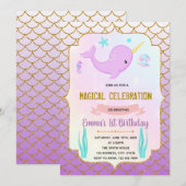 Schattigee paarse Narwhal thema uitnodiging (Voorkant / Achterkant)