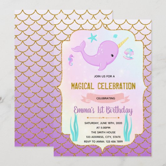 Schattigee paarse Narwhal thema uitnodiging (Voorkant / Achterkant)