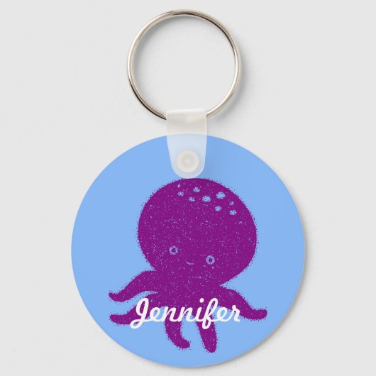 Schattigee Paarse Octopus gepersonaliseerde naam Sleutelhanger (Voorkant)