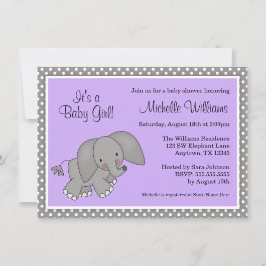 Schattigee Paarse Olifant Meisje Baby shower Kaart (Voorkant)