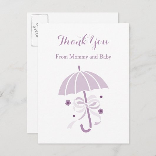 Schattigee Paarse paraplu en boog Baby shower Dank Aankondigingskaart (Voorkant / Achterkant)