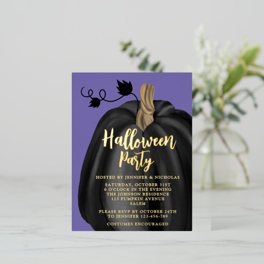 Schattigee Paarse pompoen Halloween Gold Folie Uitnodiging Briefkaart (Staand Voorkant)