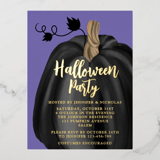 Schattigee Paarse pompoen Halloween Gold Folie Uitnodiging Briefkaart (Voorkant)