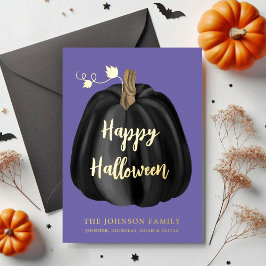 Schattigee Paarse pompoen Happy Halloween Gold Folie Feestdagenkaart