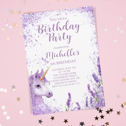 Schattigee Paarse Regenboog Glitter Floral Eenhoor Kaart