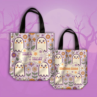 Schattigee Paarse Retro Groovy Trick or treat Hall Tote Bag