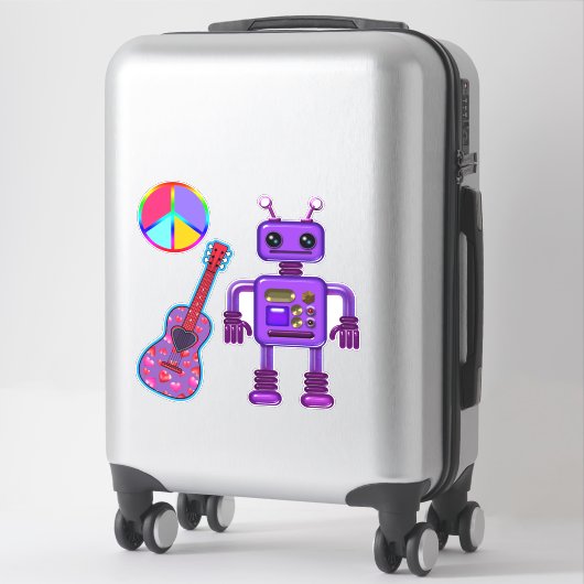 Schattigee Paarse robot met vredesbord en gitaar Sticker (Koffer)