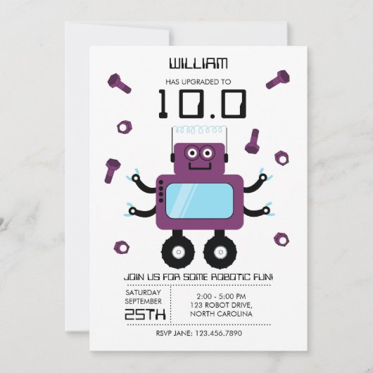 Schattigee Paarse Robot Thema Kinder Robots Verjaa Kaart (Voorkant)