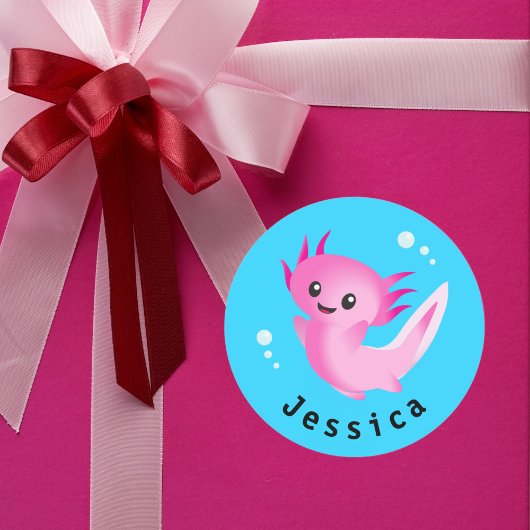 Schattigee Paarse Roze Axolotl Bubble met Naam Ronde Sticker