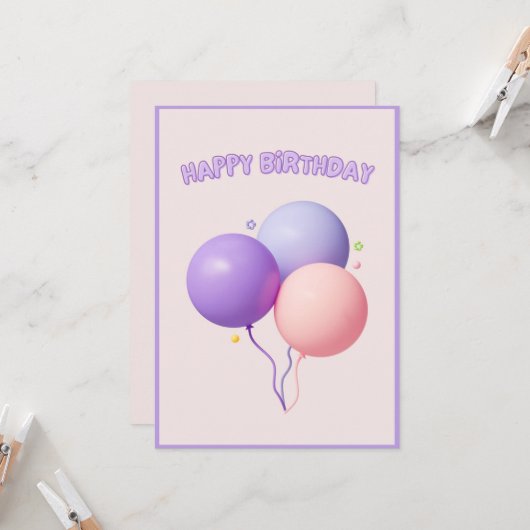 Schattigee Paarse roze ballonnen Happy Birthday Kaart (Voorkant / Achterkant in situ)