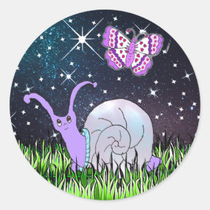 Schattigee Paarse slak en vlinder grillig Ronde Sticker