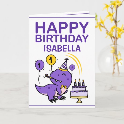 Schattigee Paarse T-Rex Dino kleindochter 1e verja Kaart (Gele Bloem)