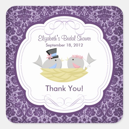 Schattigee Paarse Tortelduifjes Vrijgezellenfeest  Vierkante Sticker (Voorkant)