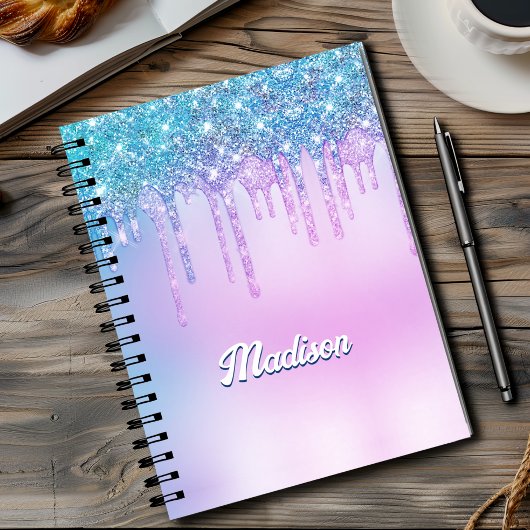 Schattigee paarse Turquoise Glitter Drips monogram Notitieboek