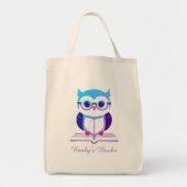 Schattigee paarse uil op boek gepersonaliseerd bib tote bag (Voorkant)