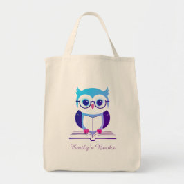 Schattigee paarse uil op boek gepersonaliseerd bib tote bag