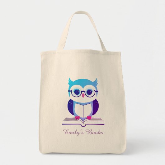 Schattigee paarse uil op boek gepersonaliseerd bib tote bag (Voorkant)