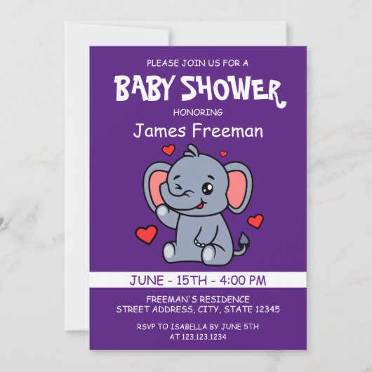 Schattigee Paarse Vector Boy Elephant Baby shower Kaart (Voorkant)