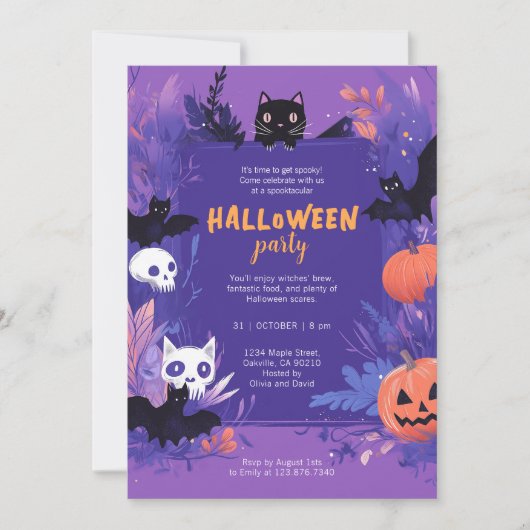 Schattigee Paarse vleermuizen en katten Halloween  Kaart (Voorkant)