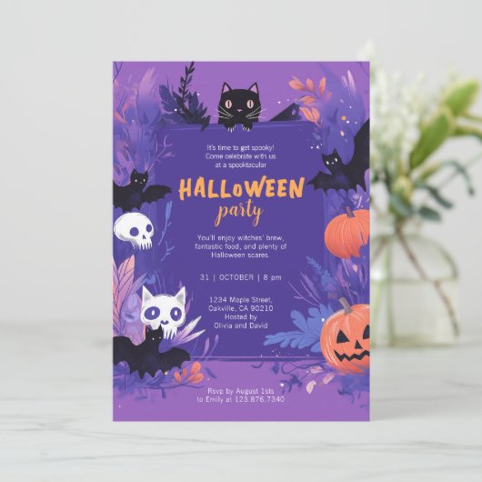 Schattigee Paarse vleermuizen en katten Halloween Kaart (Staand voorkant)