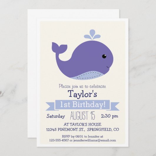 Schattigee Paarse walvis Kind verjaardagsfeestje Kaart (Voorkant / Achterkant)